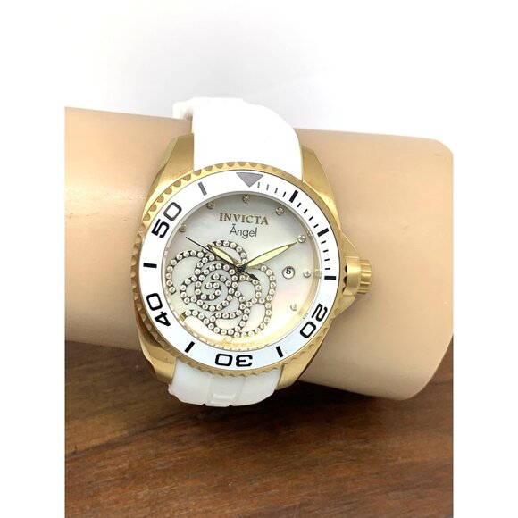 Invicta Women's Watch 0488 Angel Quartz Mother of Pearl Gold White Rubber Strap - Picture 11 of 14